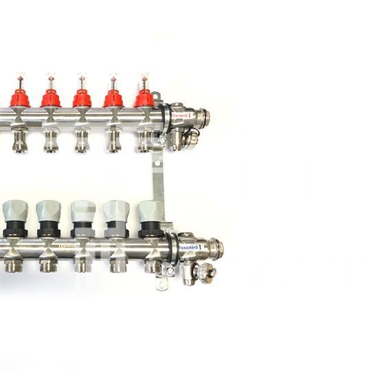 Technik Therm rozsdamentes osztó-gyűjtő, áramlásmérős, 10 körös, konzollal, kézi légtelenítővel