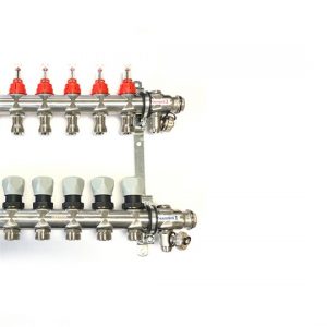 Technik Therm rozsdamentes osztó-gyűjtő, áramlásmérős, 2 körös, konzollal, kézi légtelenítővel