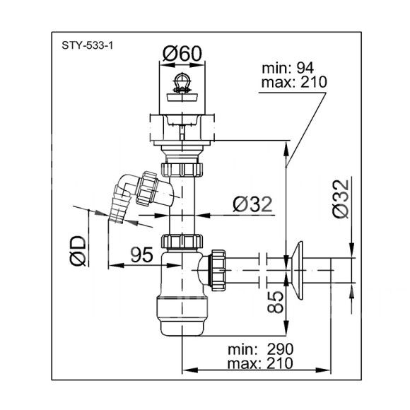 Mosdószifon, leeresztőszeleppel, mosógép csatlakozóva, Ø32 mm-es elfolyással - Image 2
