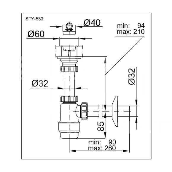 Mosdószifon 5/4″ oldható leeresztőszeleppel, Ø32 mm-es elfolyással - Image 2