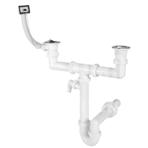 Kétmedencés mosogató csőszifon túlfolyóval, két leeresztőszeleppel, Ø40 mm-es elfolyással