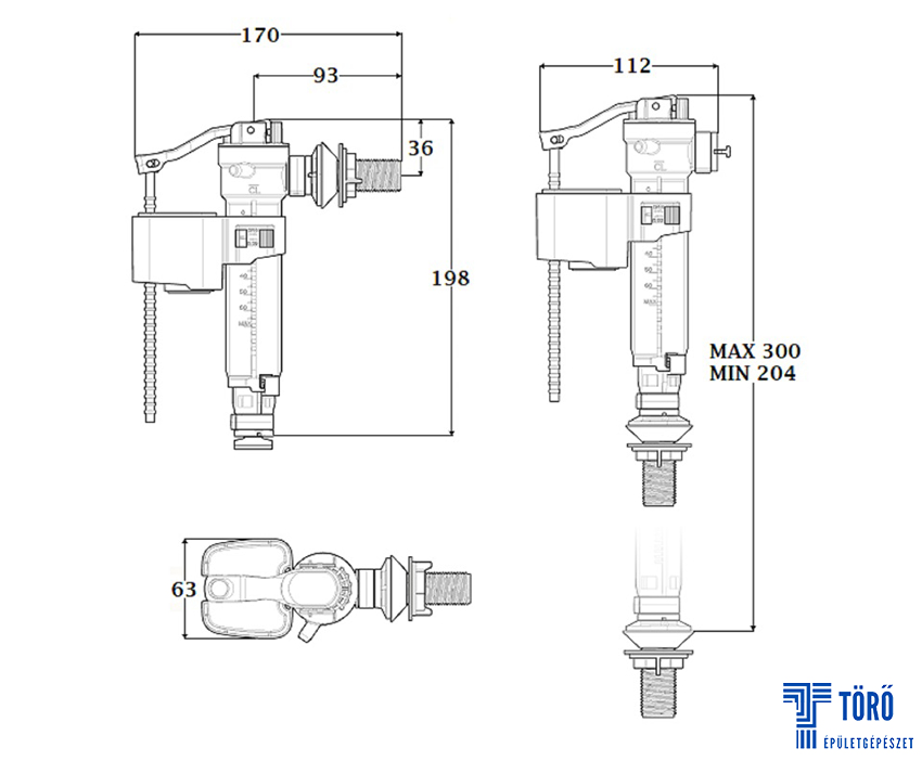 Styron 3/8″ univerzális WC töltőszelep alsó/oldalsó bekötéshez, műanyag menettel - Image 2